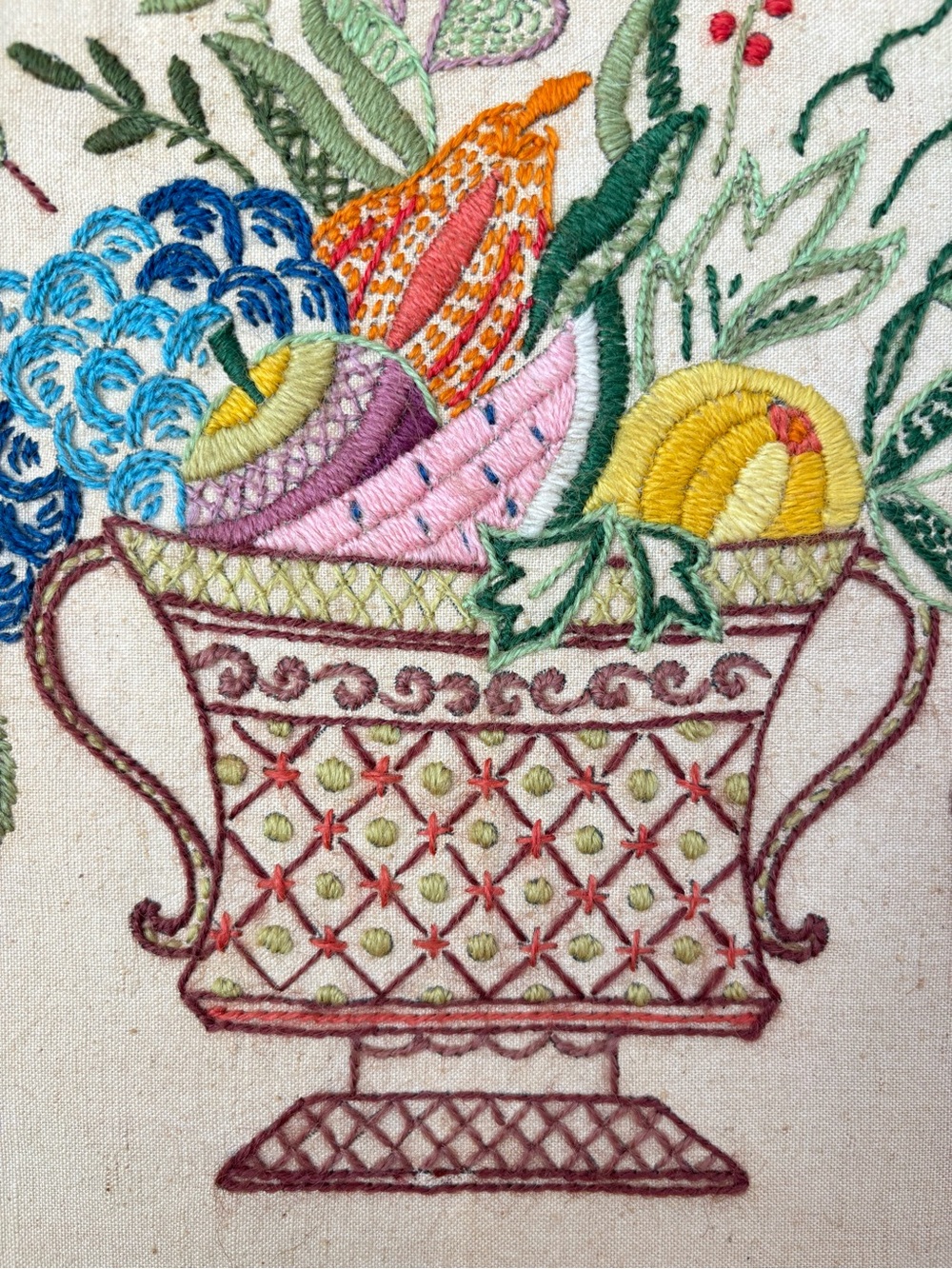 Vintage Hand-Embroidered Needlepoint Floral Fruit Basket Wall Art 14" x 14" - Picture 3 of 17